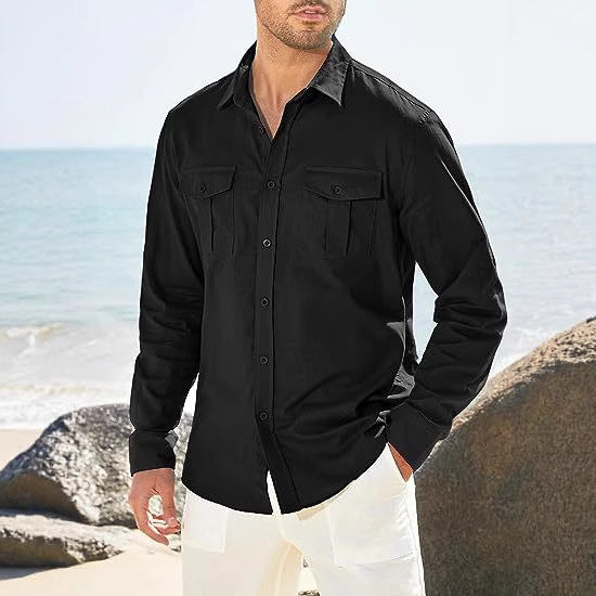 Men's Casual Long-sleeve Shirt With Double Pockets European And American Style