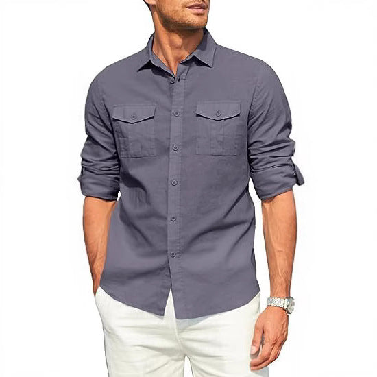Men's Casual Long-sleeve Shirt With Double Pockets European And American Style
