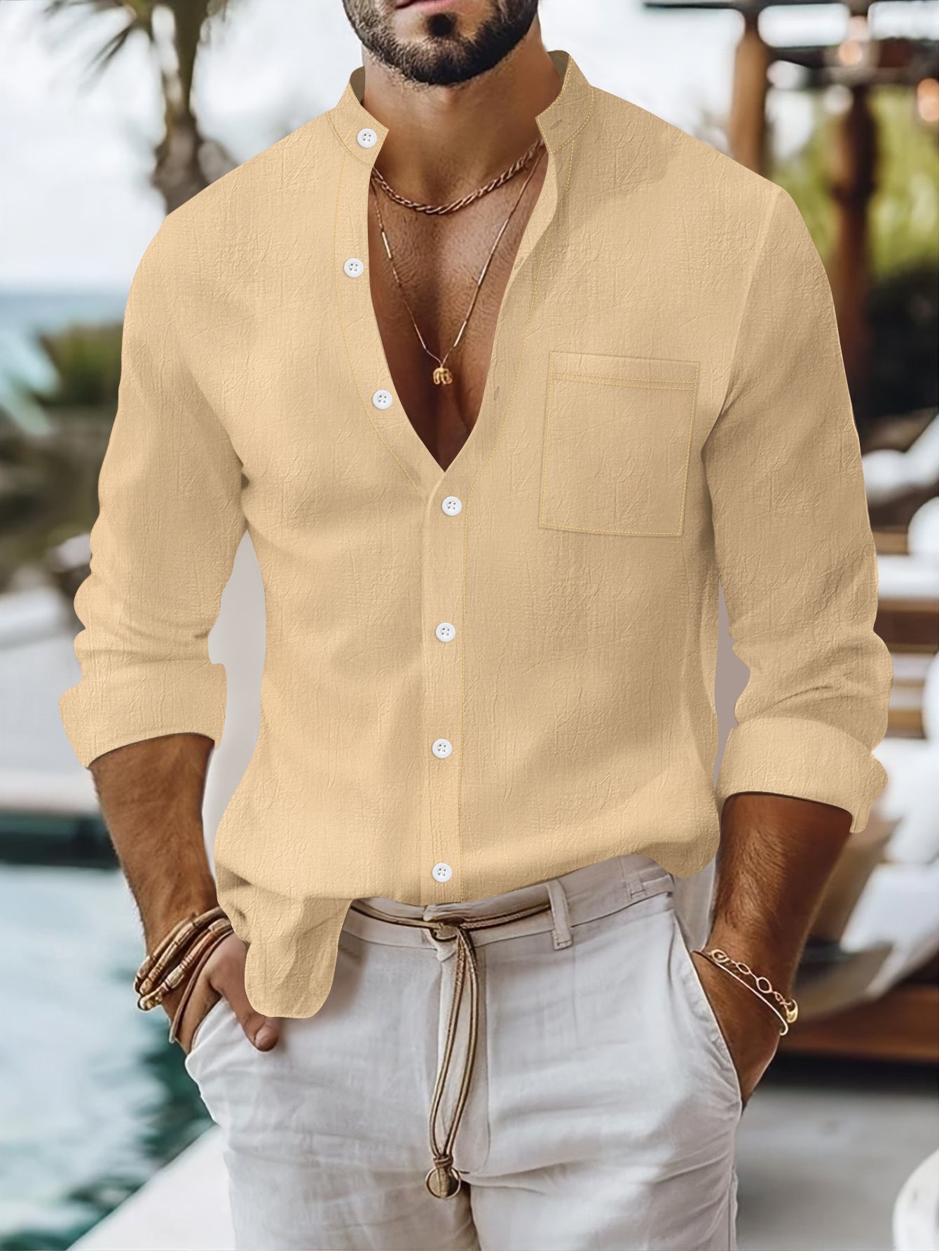 Solid-color Cotton-linen Shirt, Mandarin-collar Cardigan, Long-sleeve Business-casual Shirt
