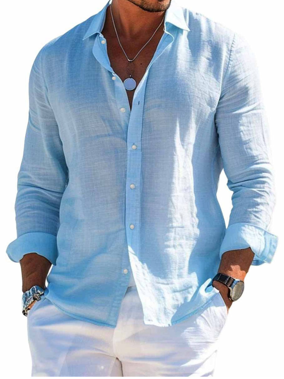 Men's Solid-Colored Lapel Beach Long-Sleeve Shirt