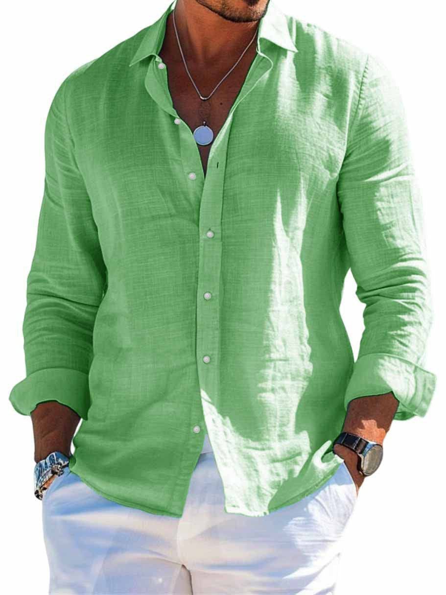 Men's Solid-Colored Lapel Beach Long-Sleeve Shirt