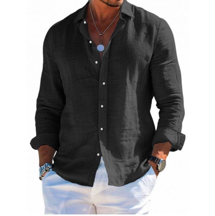 Men's Solid-Colored Lapel Beach Long-Sleeve Shirt