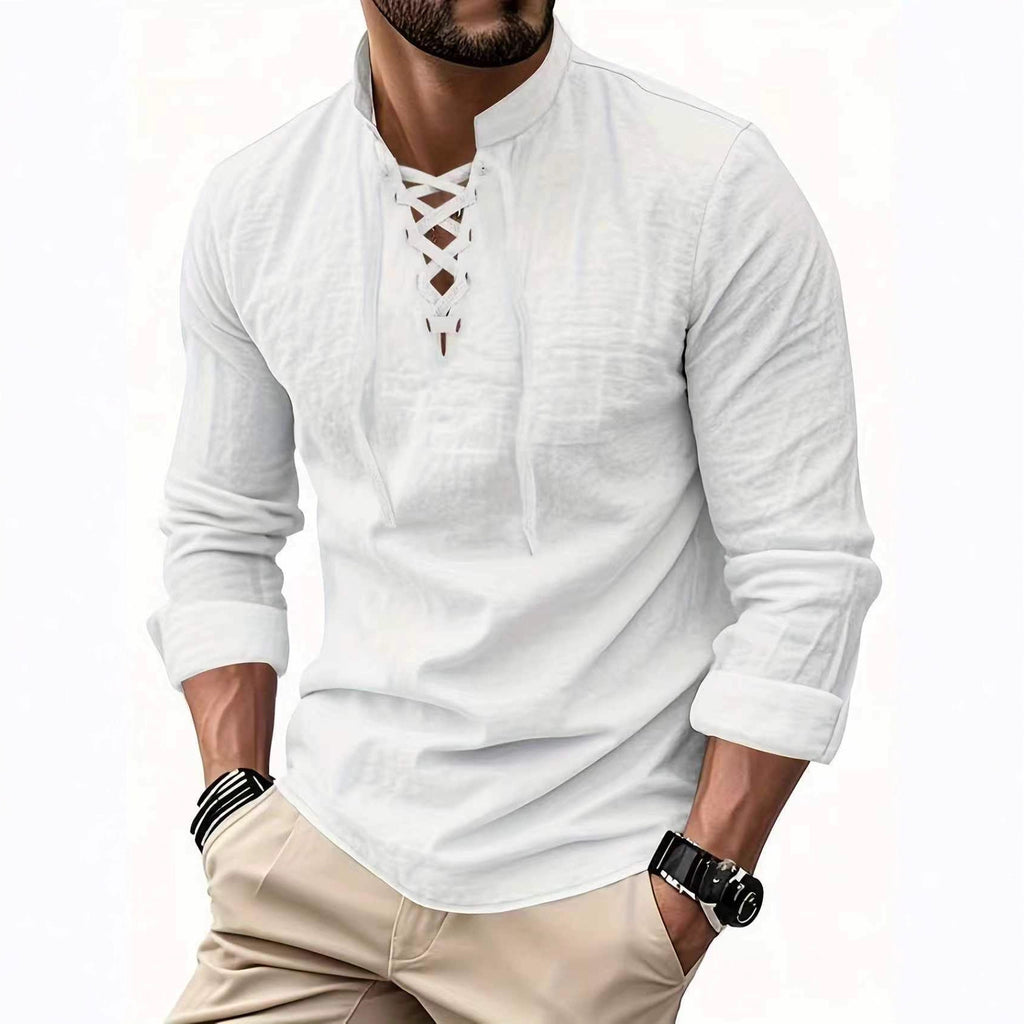 Long-sleeve Cotton-linen Open-chest Drawstring Shirt Men's Shirt Polo Shirt