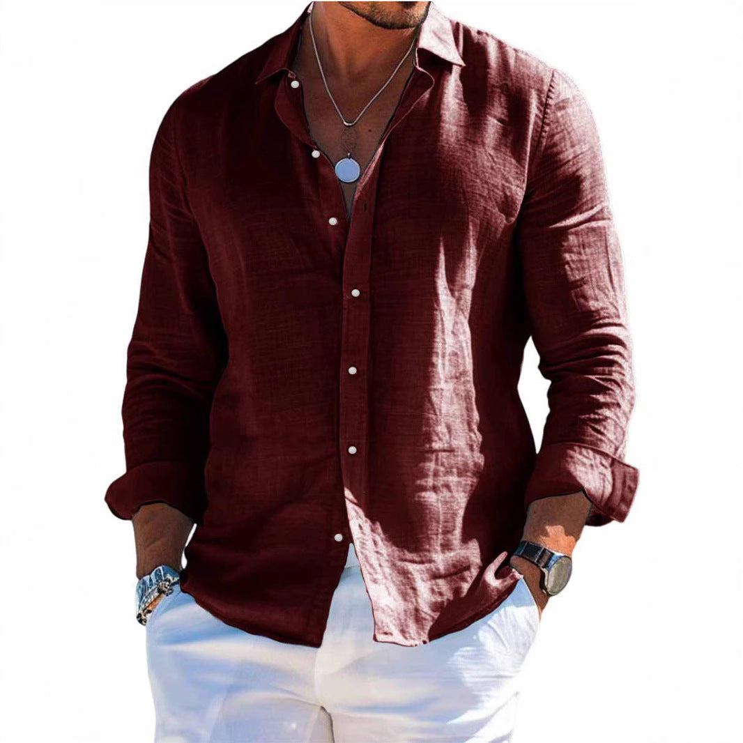 Men's Solid-Colored Lapel Beach Long-Sleeve Shirt