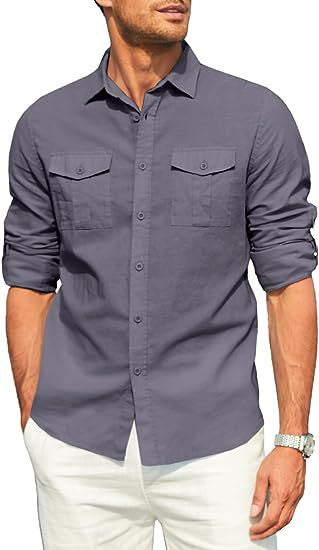 Men's Casual Long-sleeve Shirt With Double Pockets European And American Style