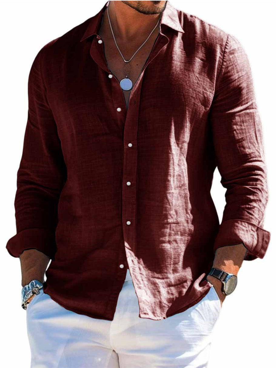 Men's Solid-Colored Lapel Beach Long-Sleeve Shirt
