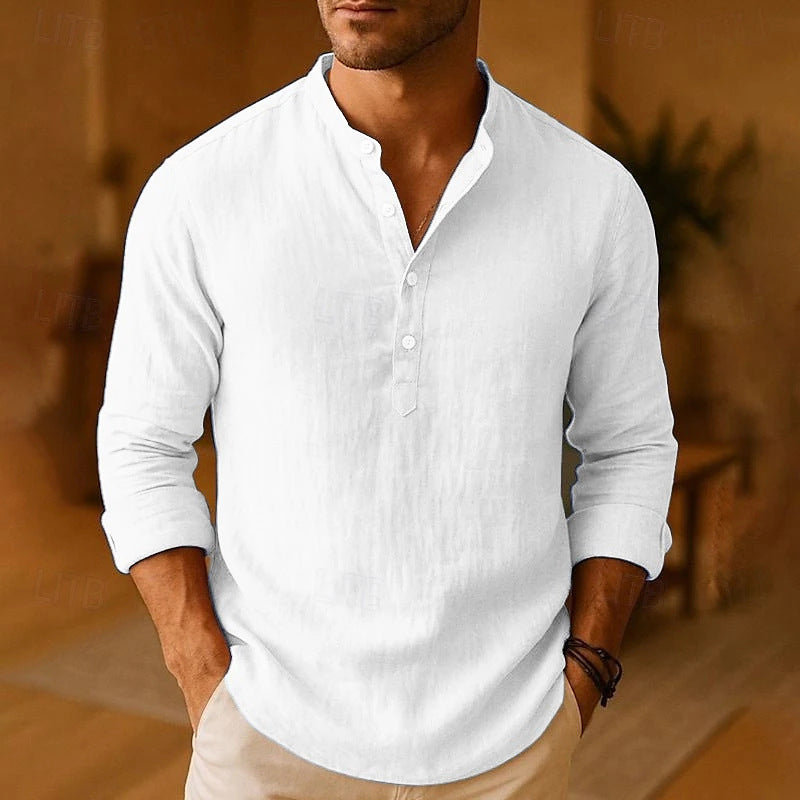 Springautumn New Men's Linen Casual Breathable Stand-collar Long-sleeve Shirt