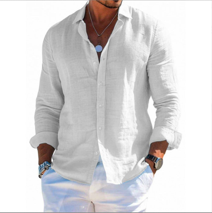 Men's Solid-Colored Lapel Beach Long-Sleeve Shirt