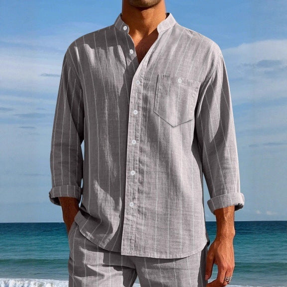 Men's Linen Fashion Shirt Striped Stand-up Collar Loose-fitting Breathable Casual
