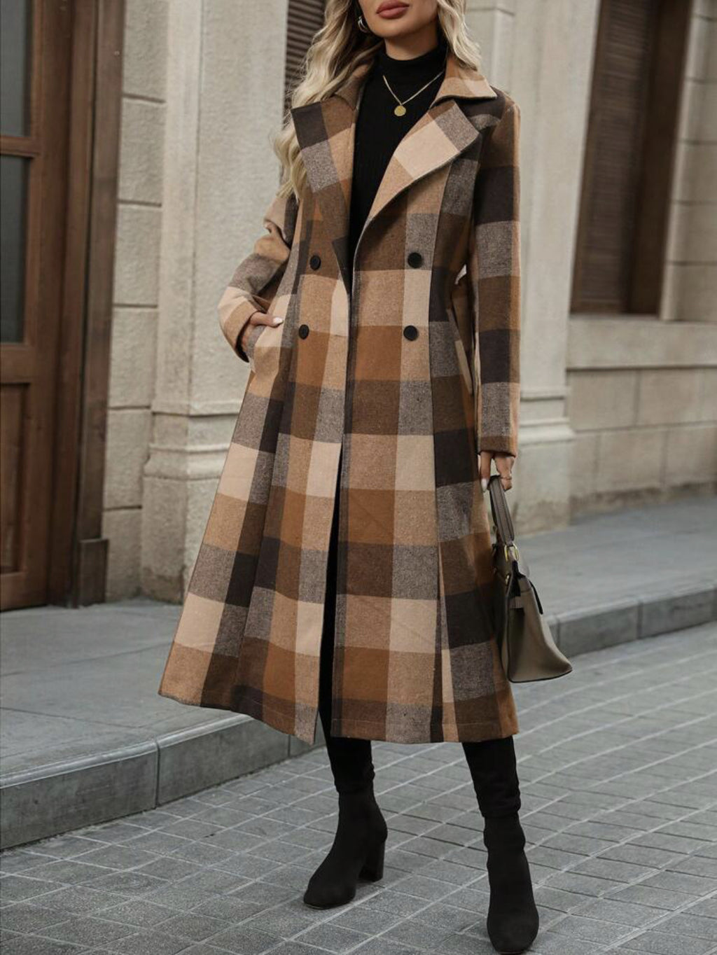 Women's Long Woolen Double-Breasted Coat With Lapel Collar And Belt