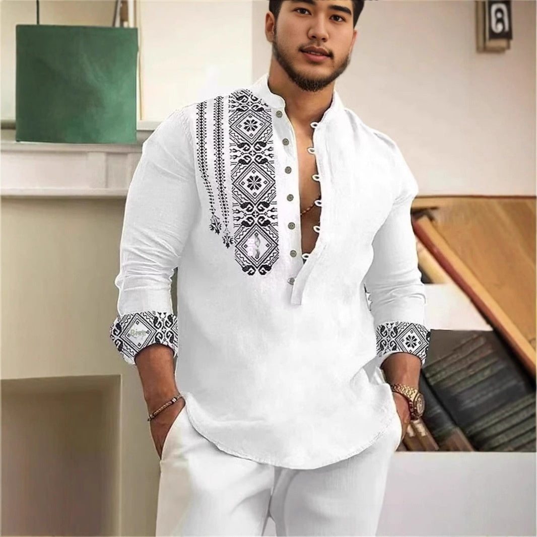 European And American Men's Long-sleeve Casual Printed Shirts