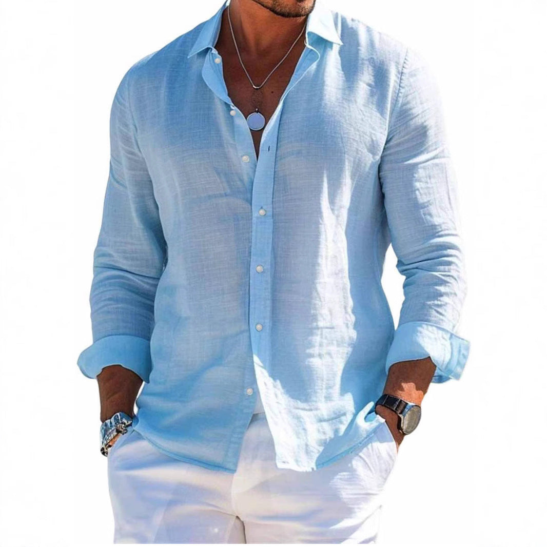 Men's Solid-Colored Lapel Beach Long-Sleeve Shirt