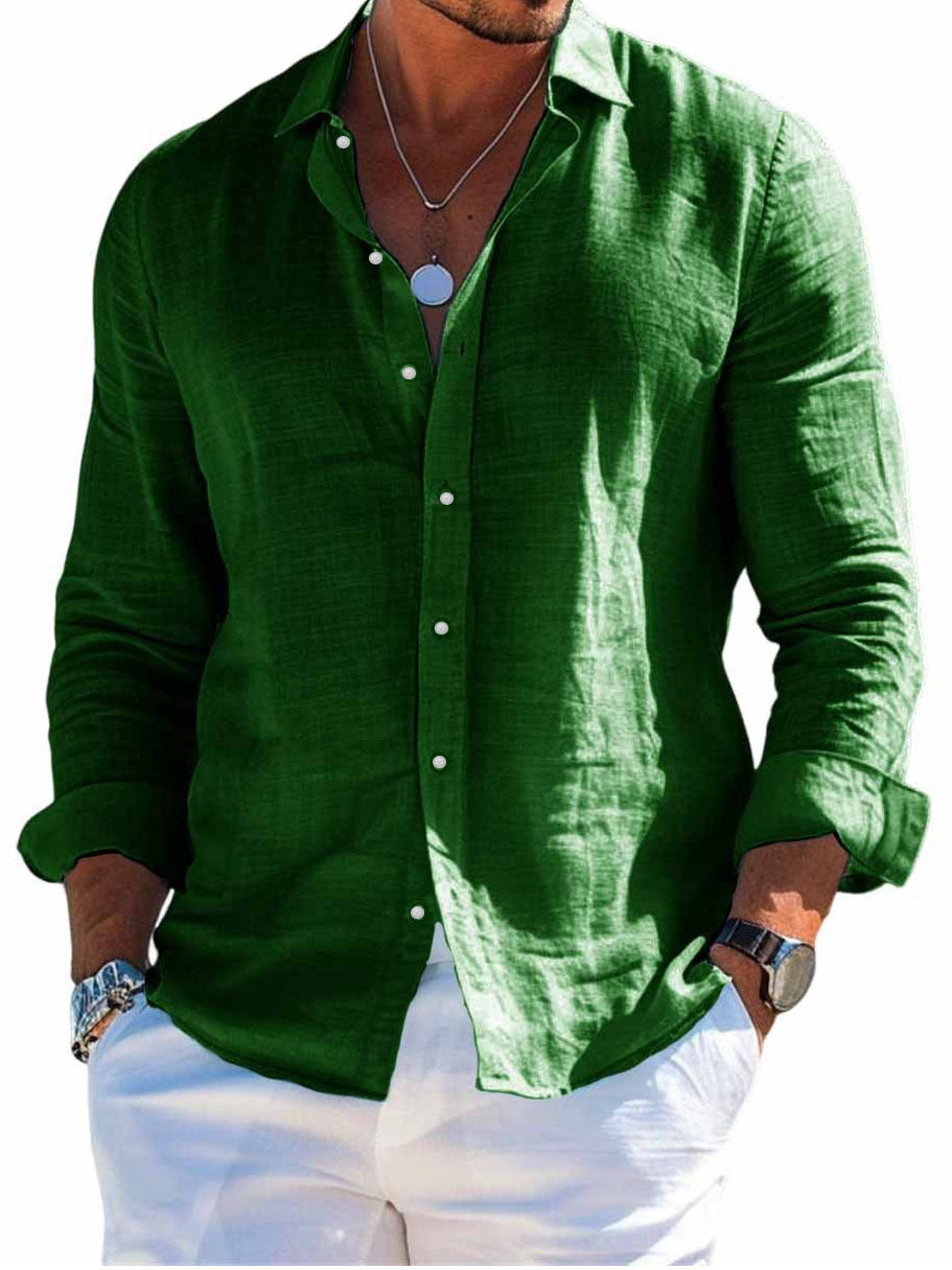 Men's Solid-Colored Lapel Beach Long-Sleeve Shirt
