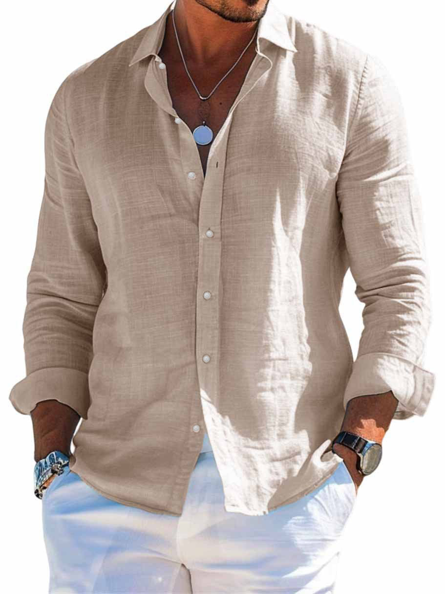 Men's Solid-Colored Lapel Beach Long-Sleeve Shirt