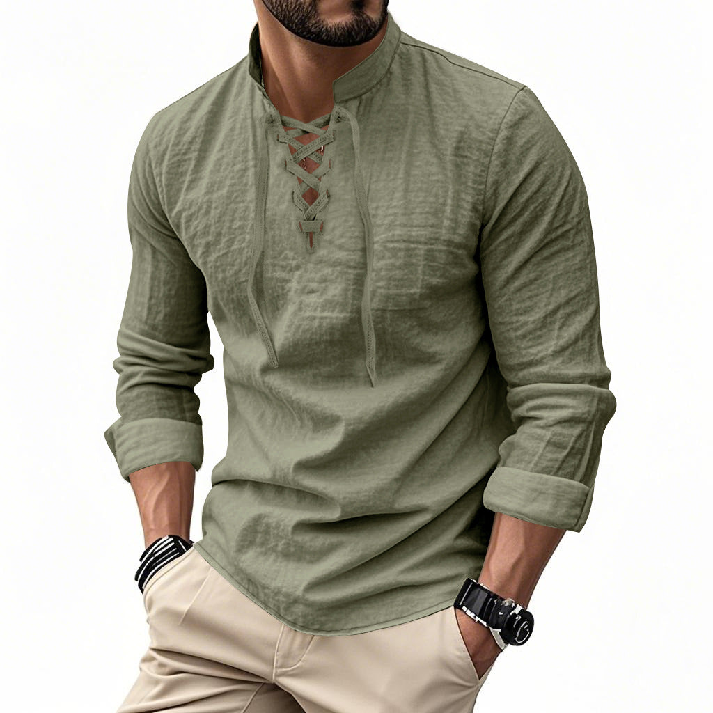 Long-sleeve Cotton-linen Open-chest Drawstring Shirt Men's Shirt Polo Shirt